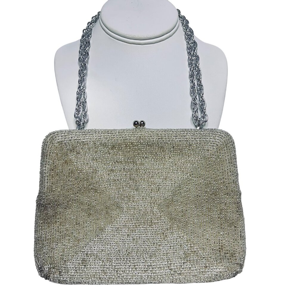 Walborg Silver Beaded Evening Bag With Chain Handle & Kiss Lock Closure (5909) - Picture 1 of 8